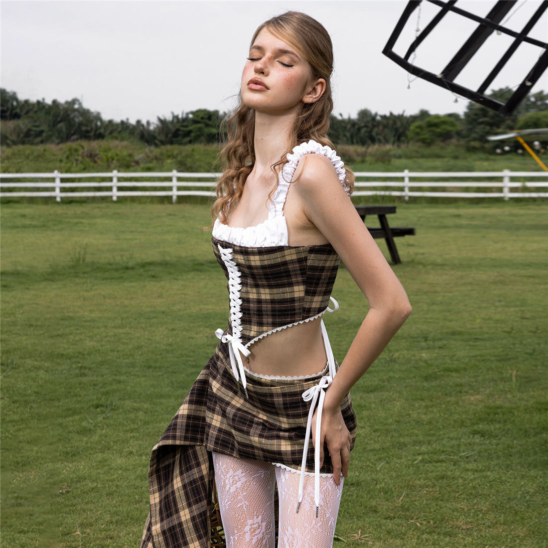 Plaid Slim Cropped Crop Top and Hip-Wrap Skirt