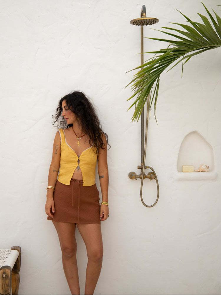 Bamboo-Joint Cotton Lace Lace-Up Vest Top