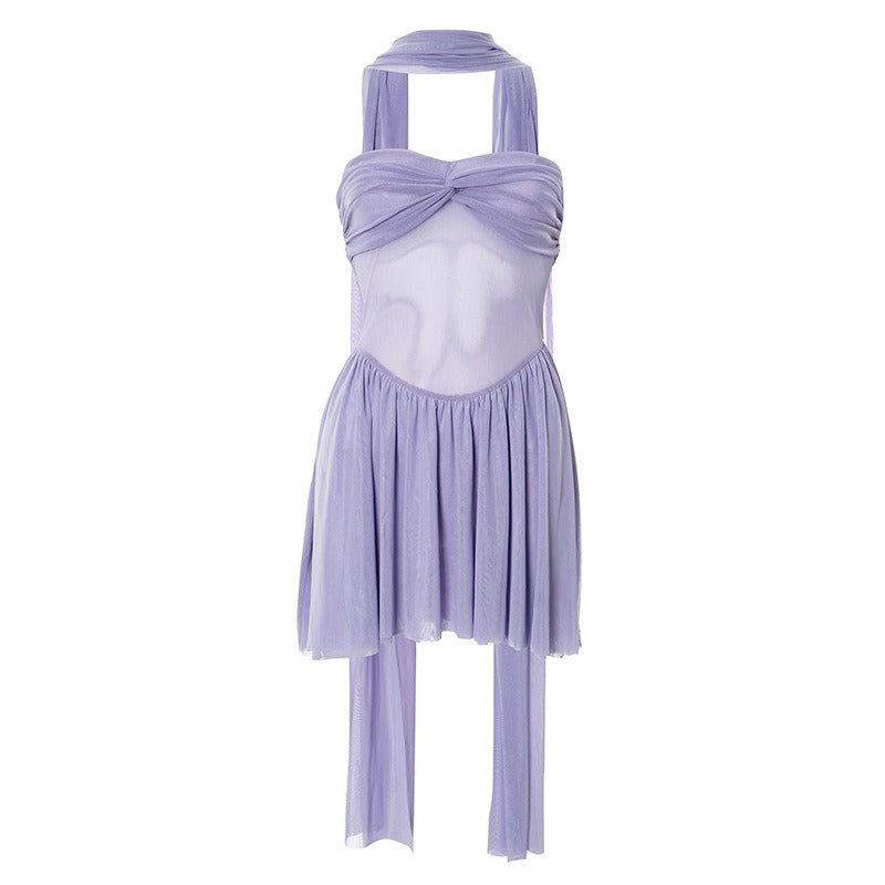 Sleeveless Tulle Dress with Bare Waist