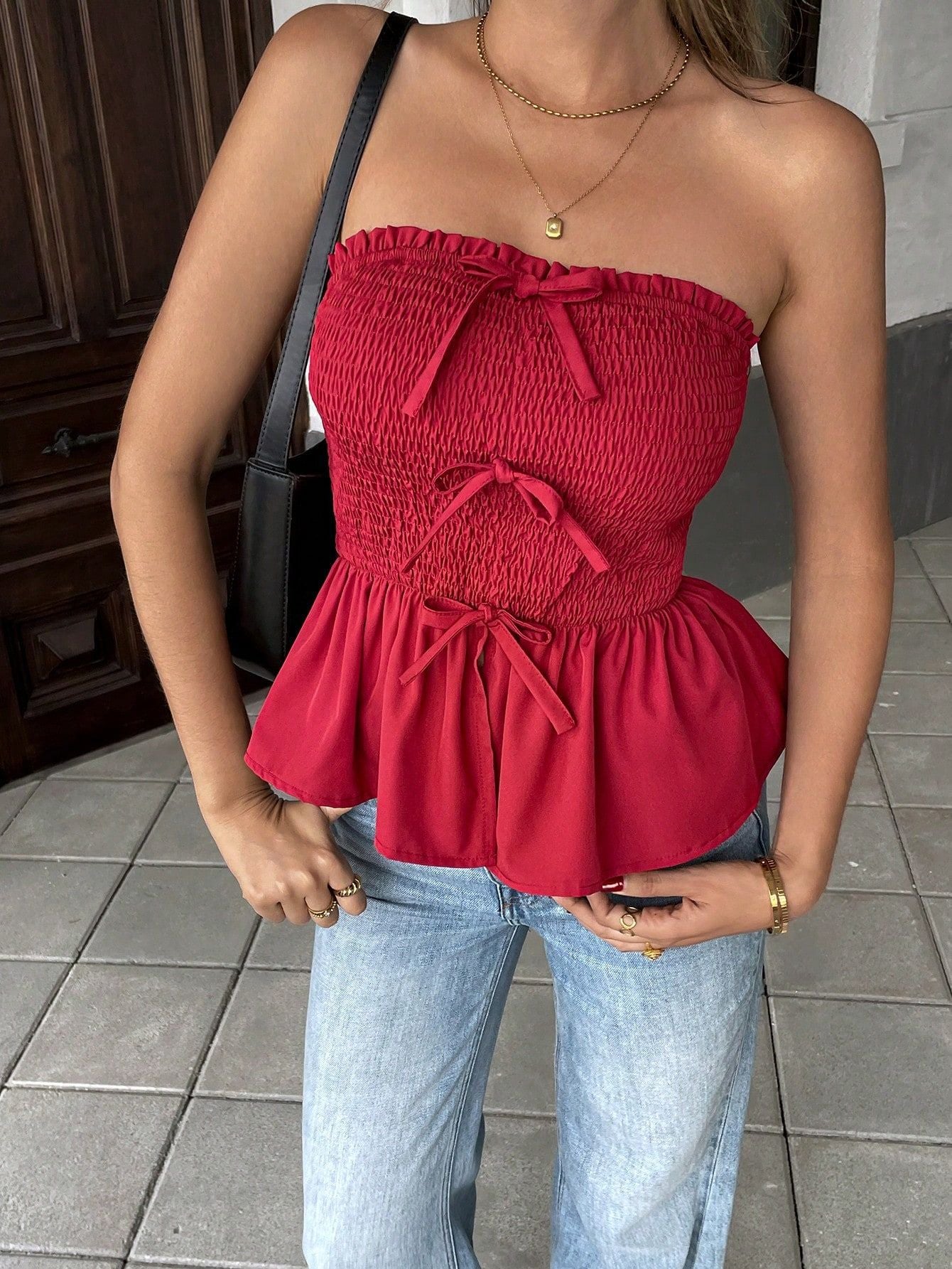Ruffled Ruffle Bow Cropped Red Top