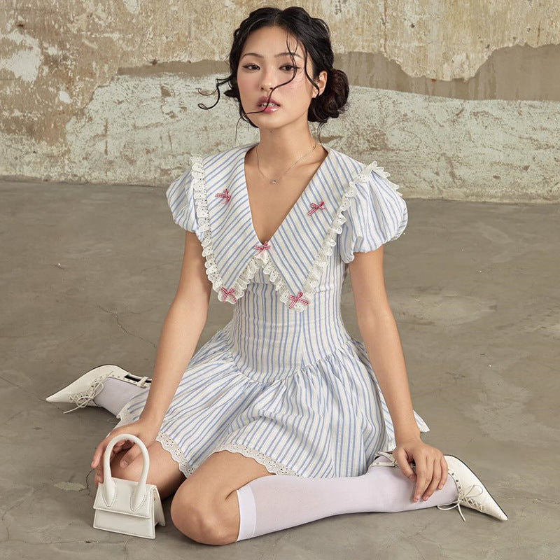 Ruffle lapel striped print waist dress