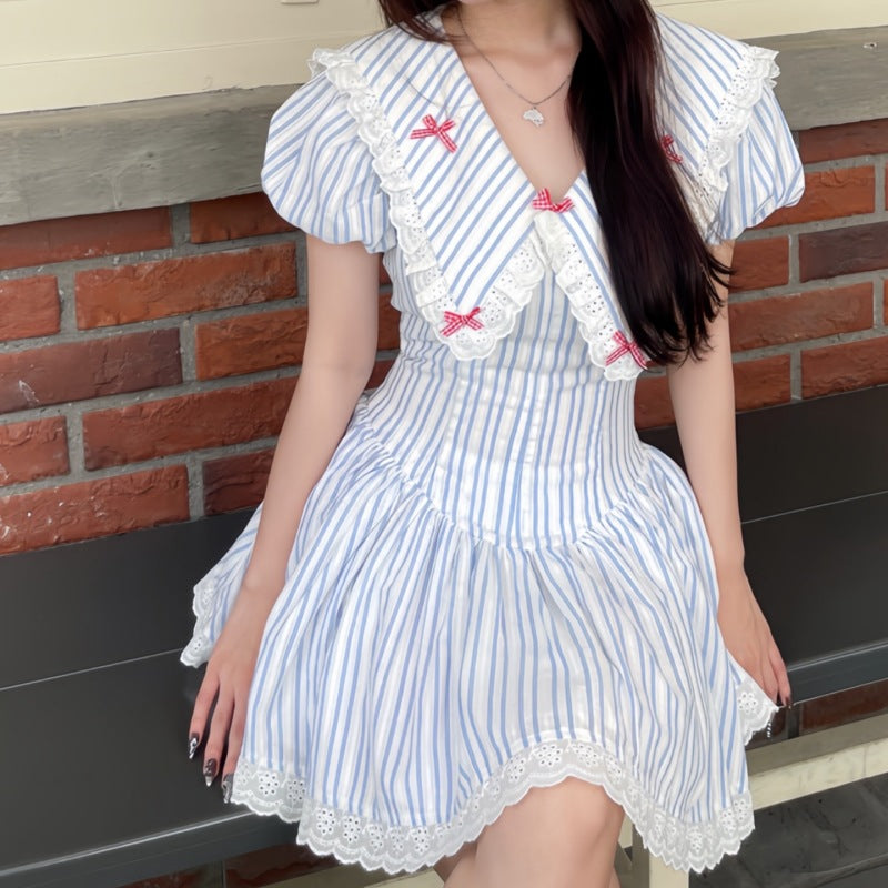 Ruffle lapel striped print waist dress