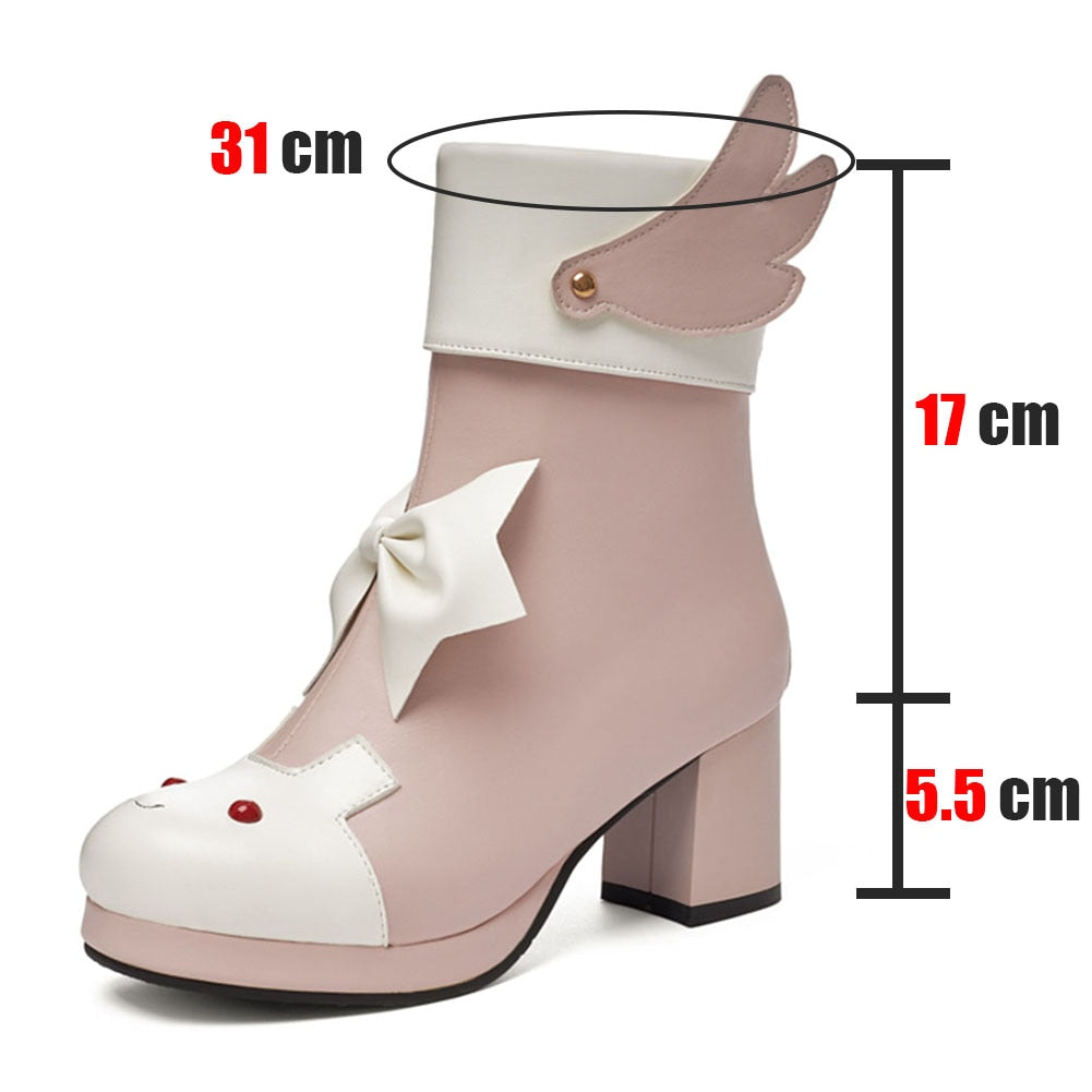 Pink/Black/White Plus Size Cute Rabbit Bowknot Wing Platform High Heels Boots BE510