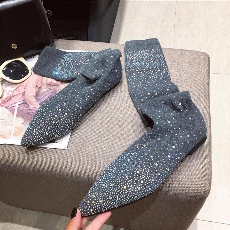 Black/Grey Bling Rhinestone Long Socks Boots