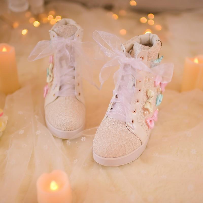 White/Pink Winter Candy Bowknot Lace Elevator shoes High-top Sneakers