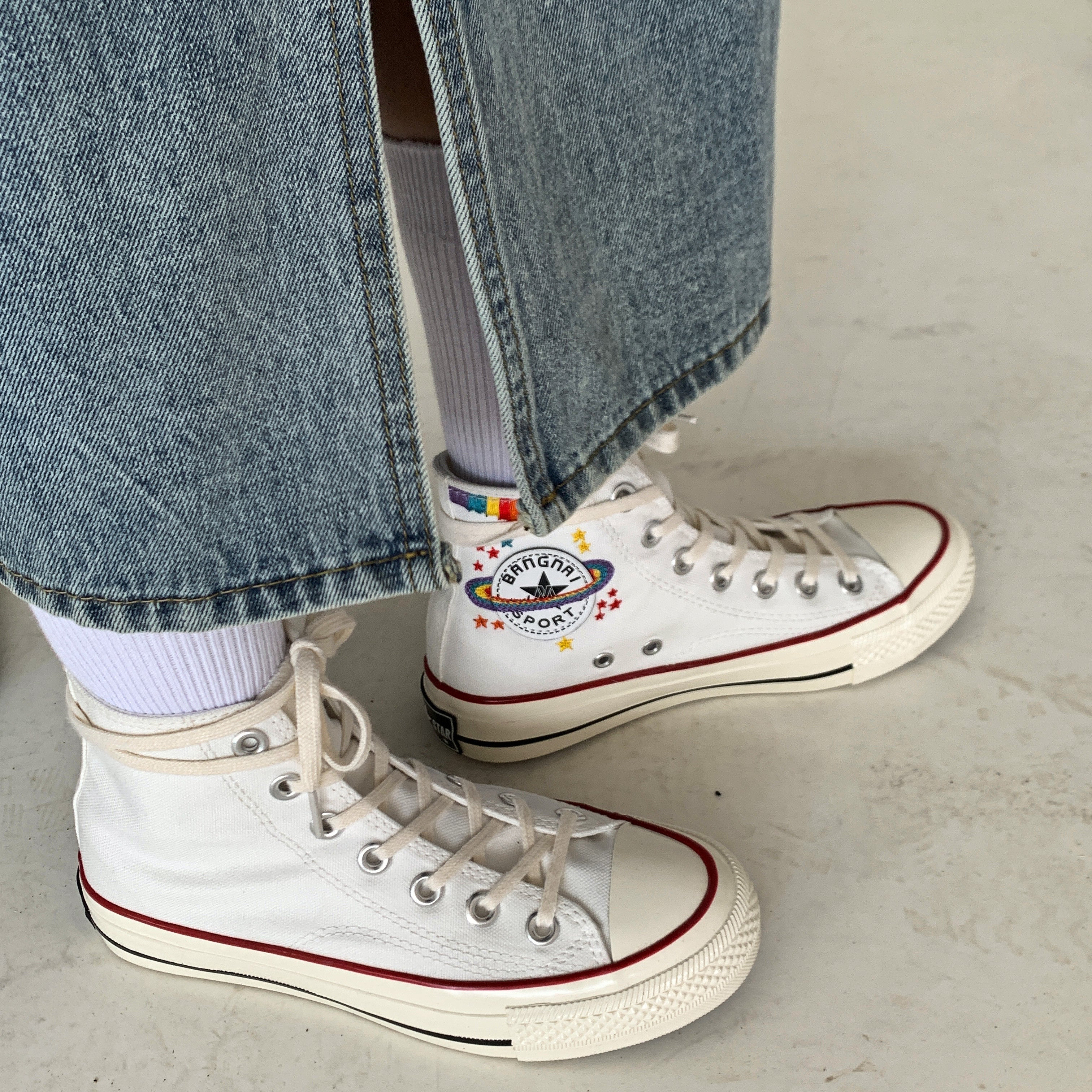 Rainbow Embroidered Pink/White/Blue/Black Canvas Shoes BE849