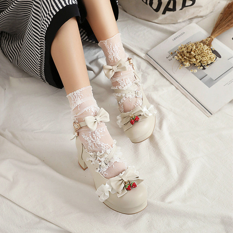 Lolita Bow Black/Beige/Pink Leather Shoes