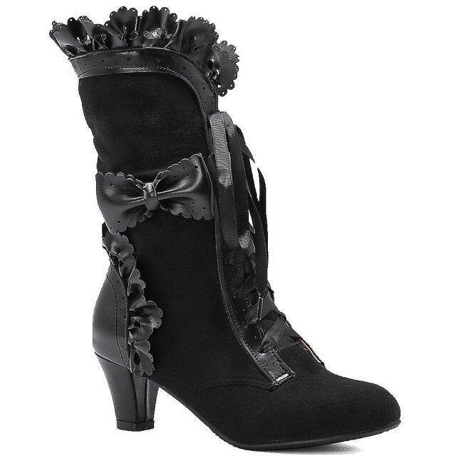 5 Colors Big Size Sweet Bowknot Ruffle Calf Mid Heels Boots