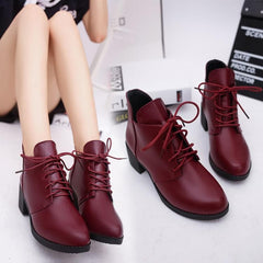 Wine/Black Laced Chunky Heels Boots
