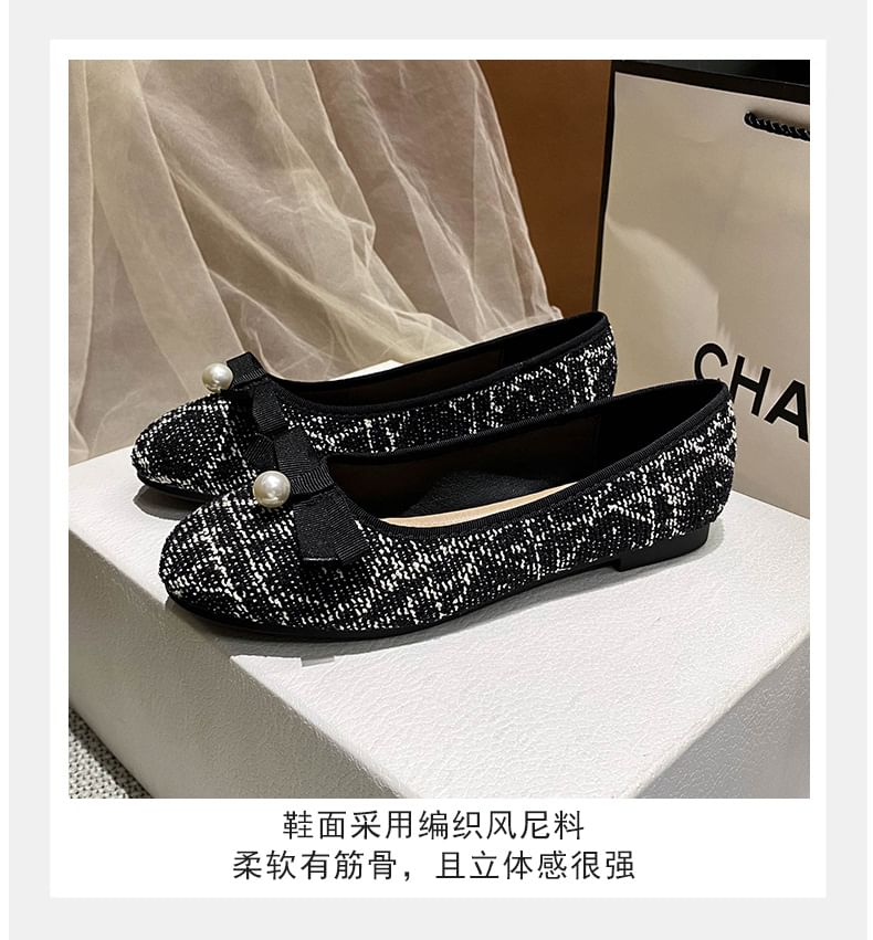 Faux Pearl Bow Tweed Flats