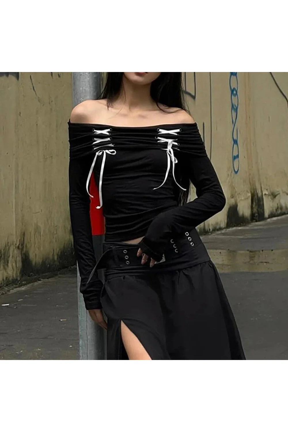 Alt Y2k Lace Up Off Shoulder Tee