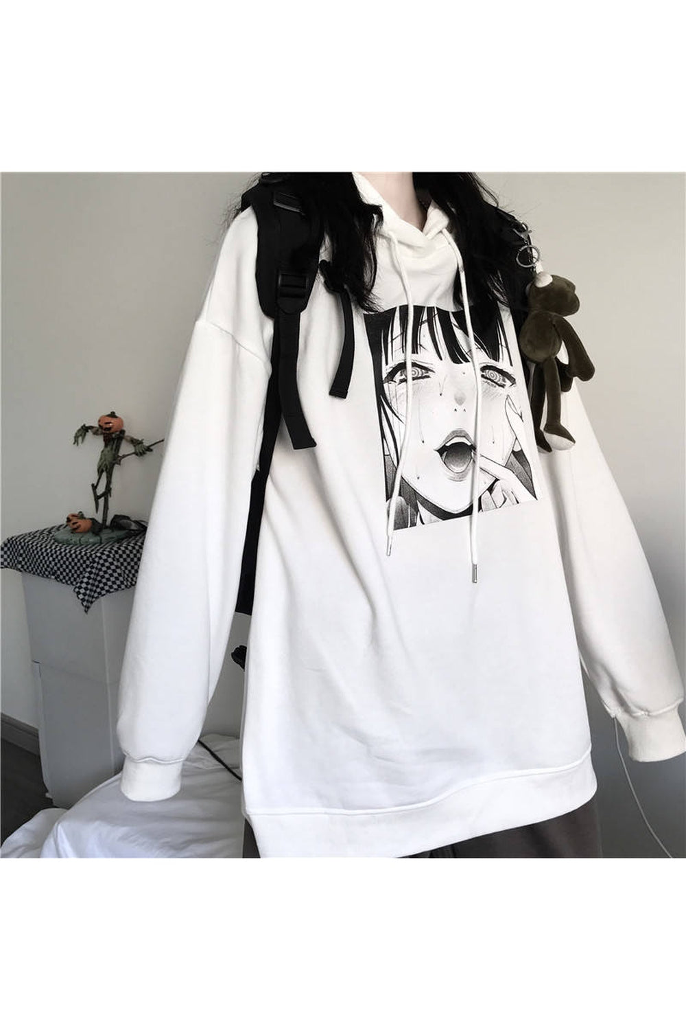 Fall Anime Print Black & White Hoodie