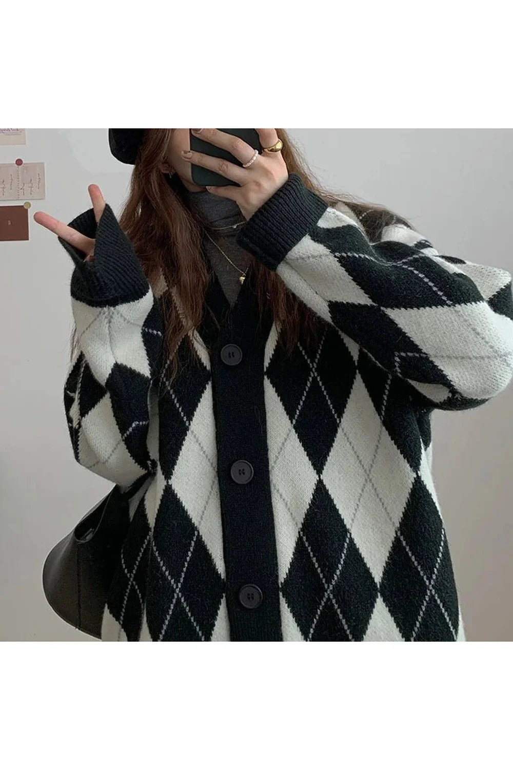 Fall Argyle Knitted Cardigan