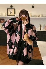 Fall Pastel goth Argyle Pink Cardigan Sweater