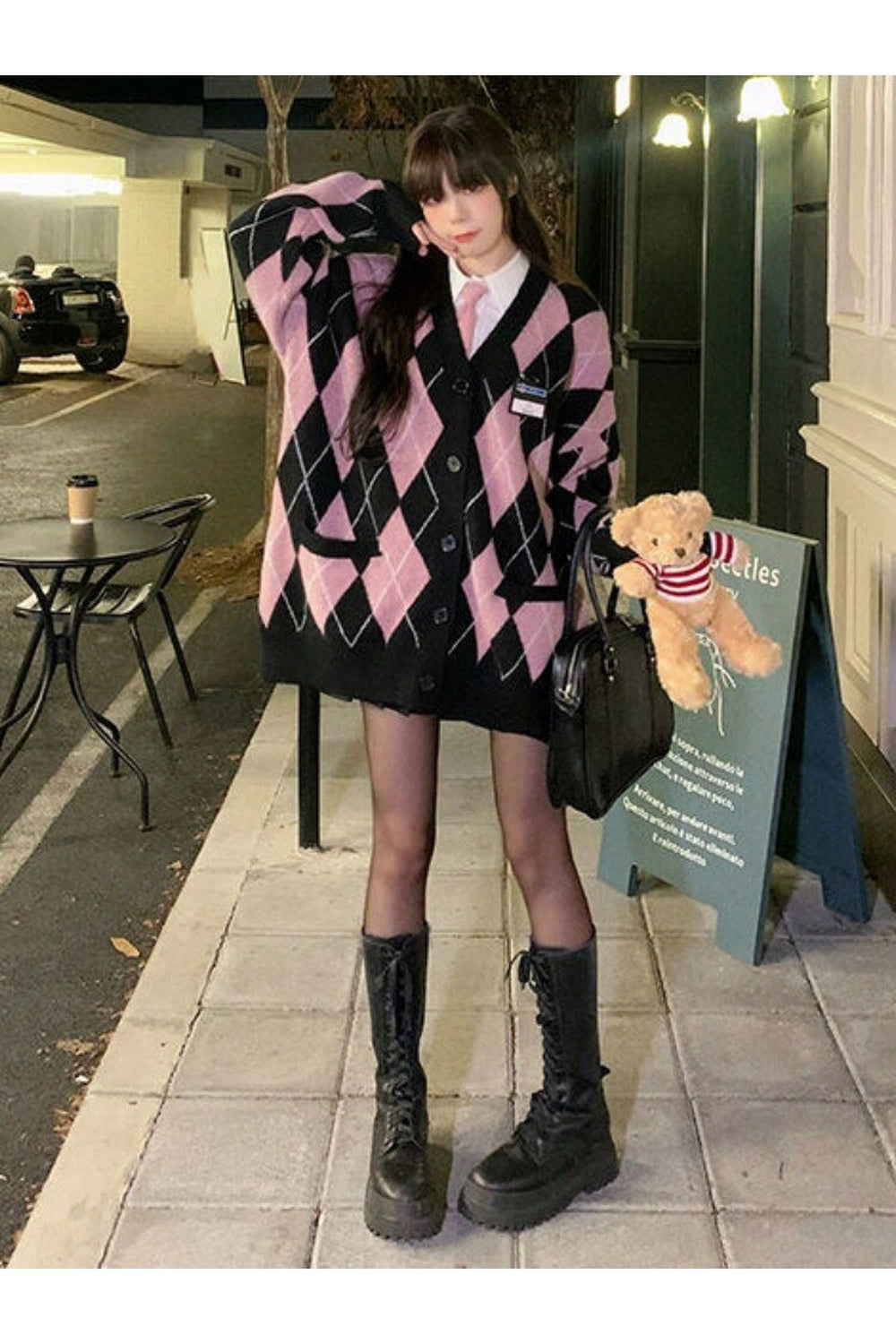 Fall Pastel goth Argyle Pink Cardigan Sweater