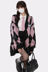 Fall Pastel goth Argyle Pink Cardigan Sweater