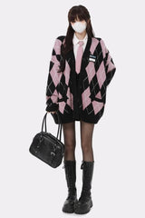 Fall Pastel goth Argyle Pink Cardigan Sweater