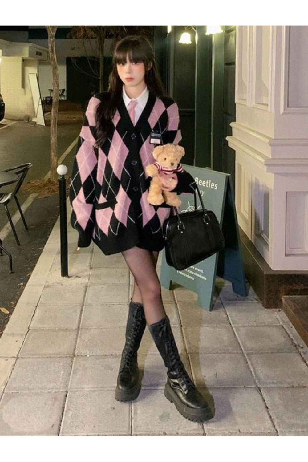 Fall Pastel goth Argyle Pink Cardigan Sweater