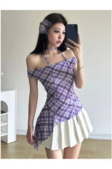 Asymmetric Plaid Halter Blouse