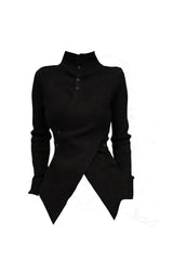 Fall Asymmetrical High Neck Buttoned Sweater