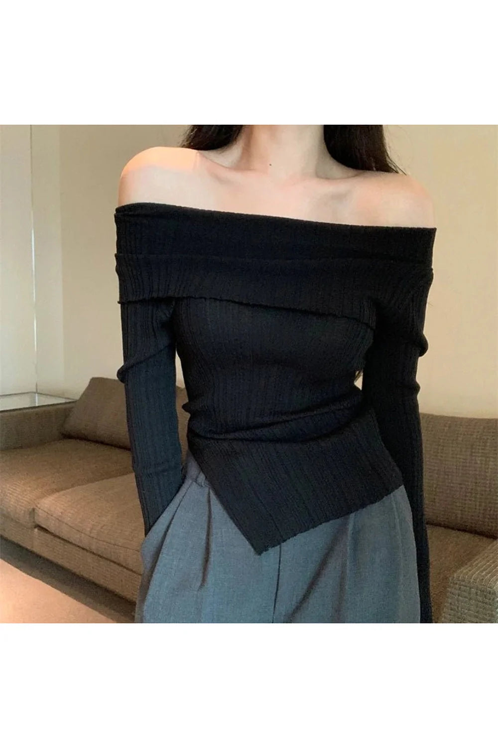 Asymmetrical Off-Shoulder Ribbed Top