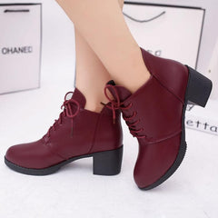 Wine/Black Laced Chunky Heels Boots
