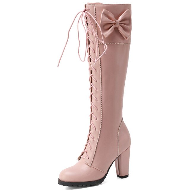 Black/Red/Pink/White Plus Size High Heels Lolita Sweet Zip Up Long Boots BE509