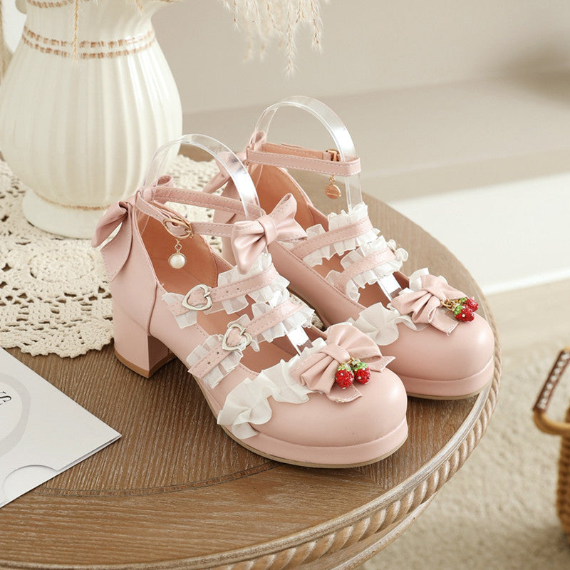 Lolita Bow Black/Beige/Pink Leather Shoes