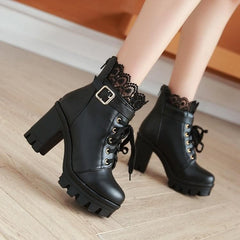 Final Stock! Black/White Lace Buckle High Heel Boots