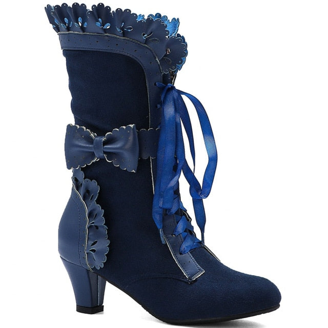5 Colors Big Size Sweet Bowknot Ruffle Calf Mid Heels Boots