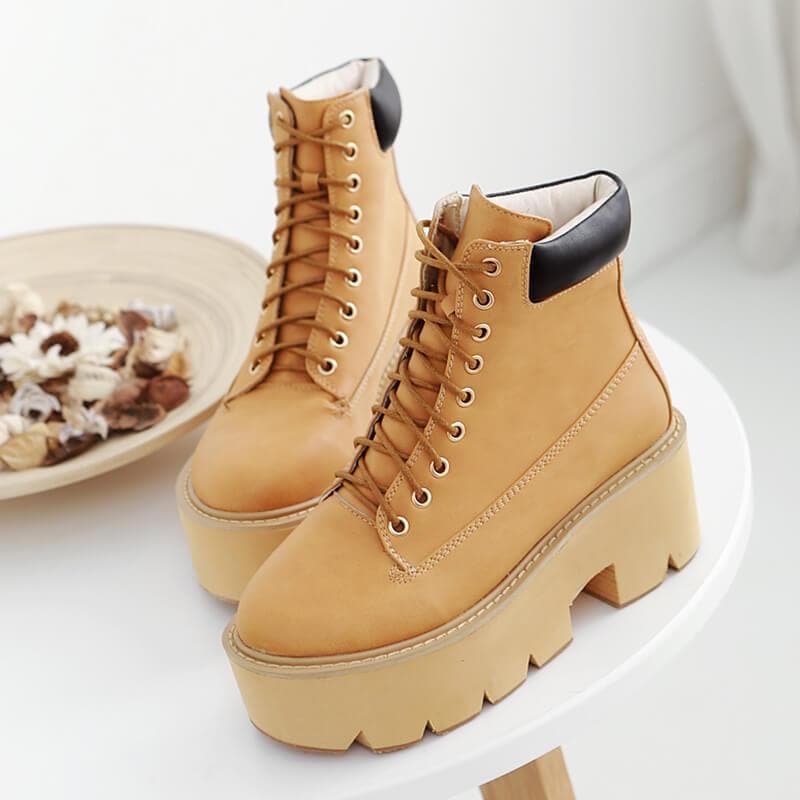 Black/Brown/White/Gray Square Heels Lace-up Platform Boots