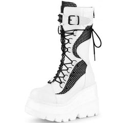 Black/White/Pink Goth Lace Up Buckle Strap Metal Platform Boots