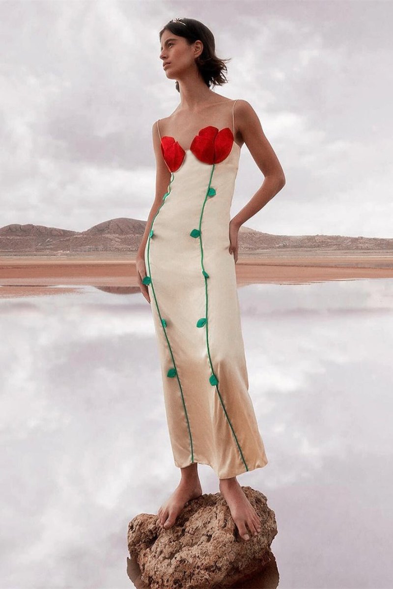 Belle Rose Detailed High Slit Maxi Dress-Sunfere