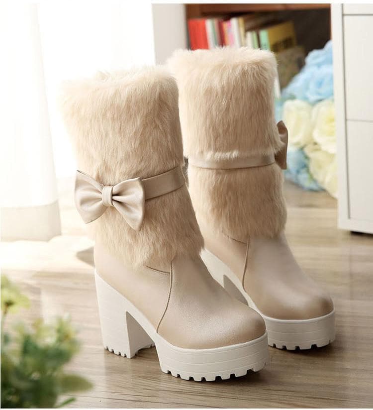 White/Beige/Pink Sweet Fluffy High Heel Boots