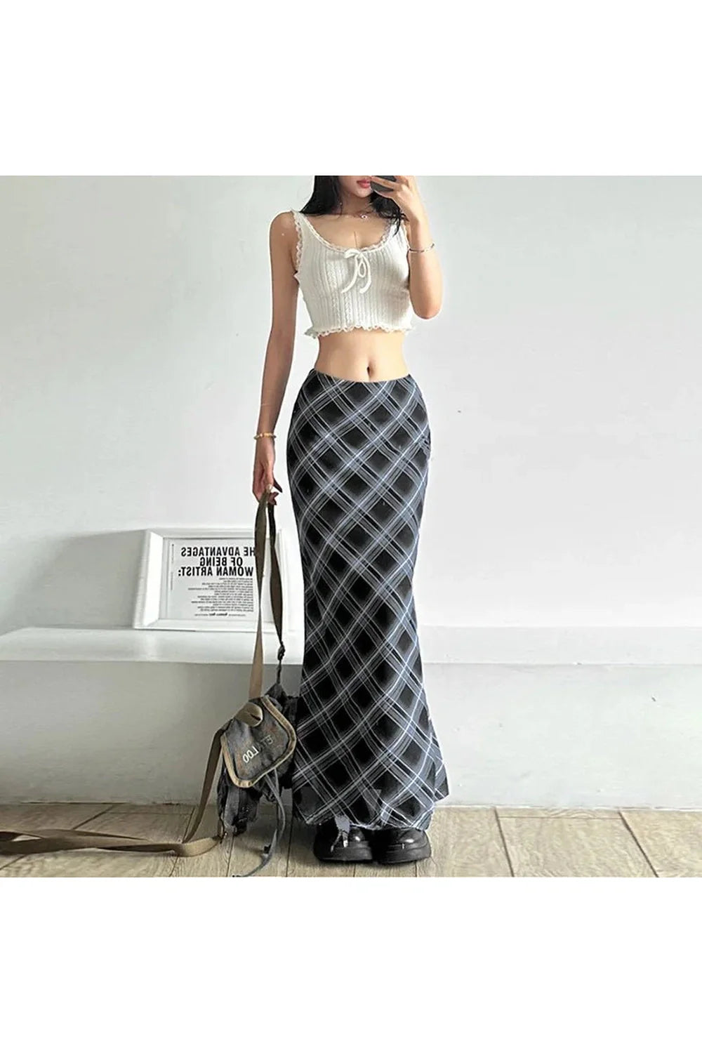 Black and Blue Plaid Maxi Skirt