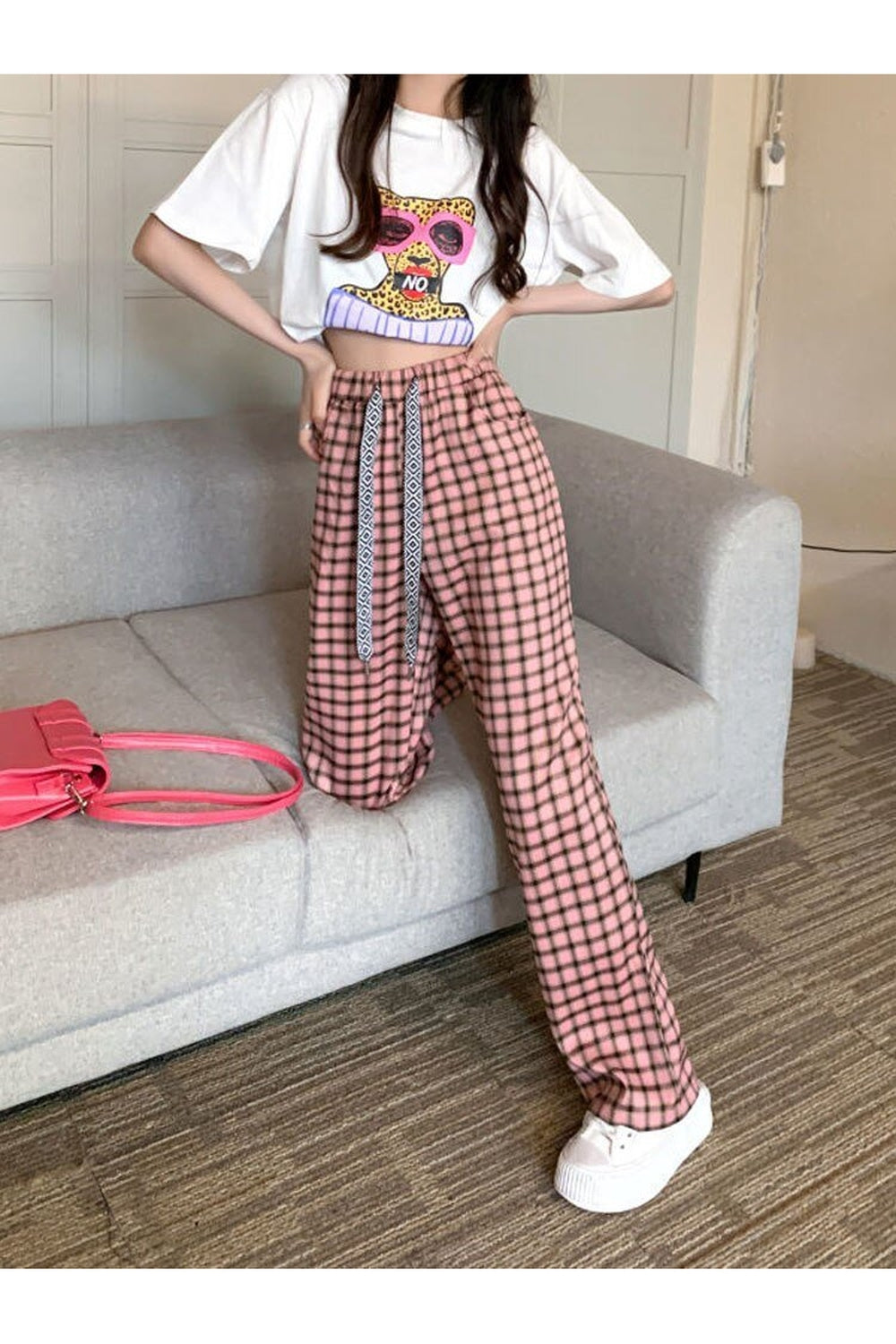 Black and Pink Plaid Pants