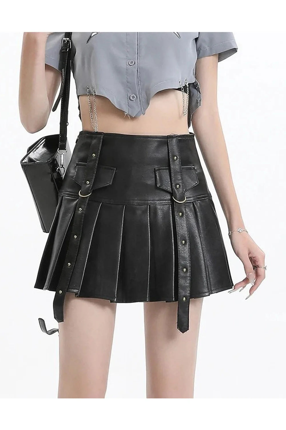 Black Buckled Pleated Mini Skirt