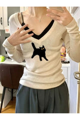 Fall Black Cat V-Neck Sweater