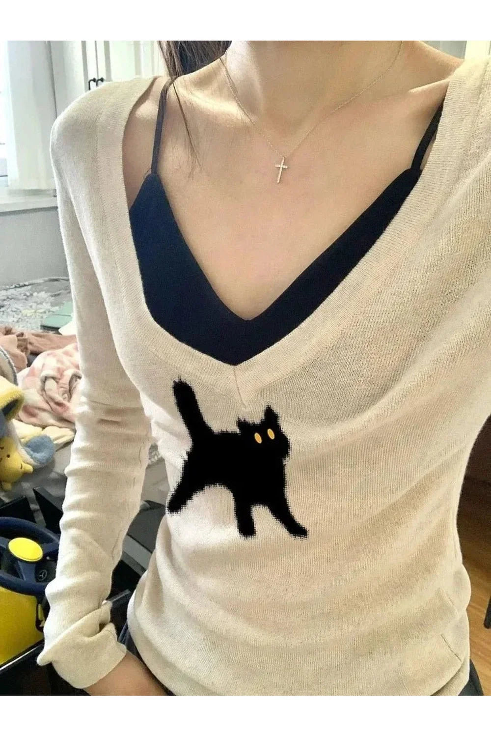 Fall Black Cat V-Neck Sweater