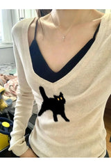 Fall Black Cat V-Neck Sweater