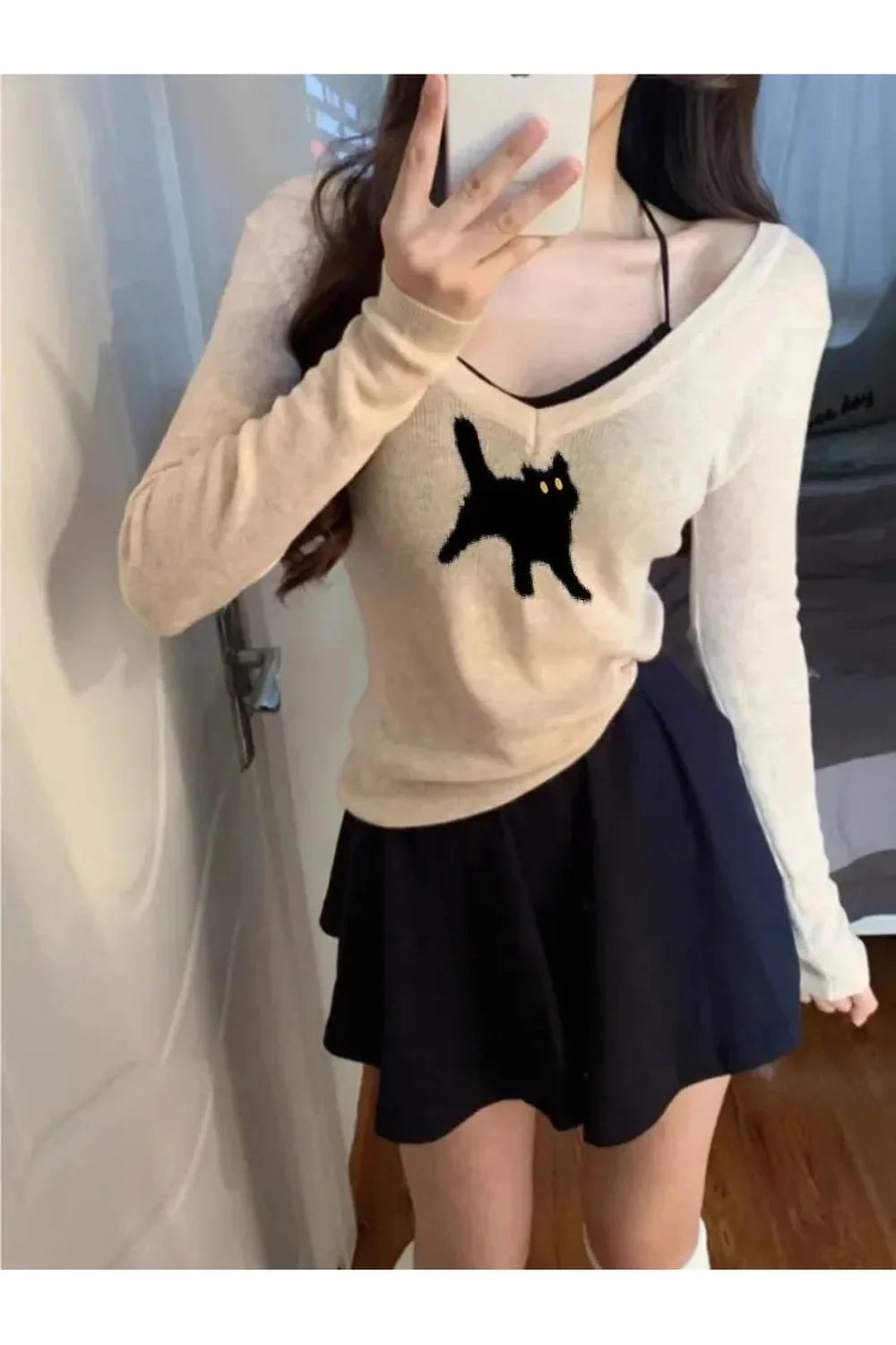 Fall Black Cat V-Neck Sweater