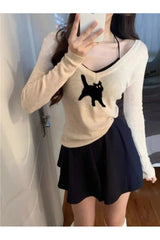 Fall Black Cat V-Neck Sweater