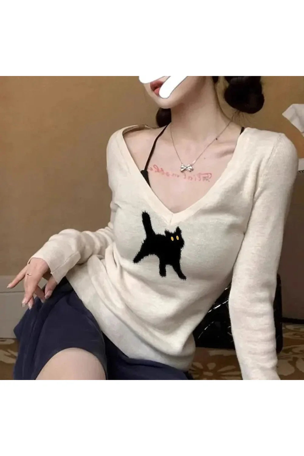 Fall Black Cat V-Neck Sweater