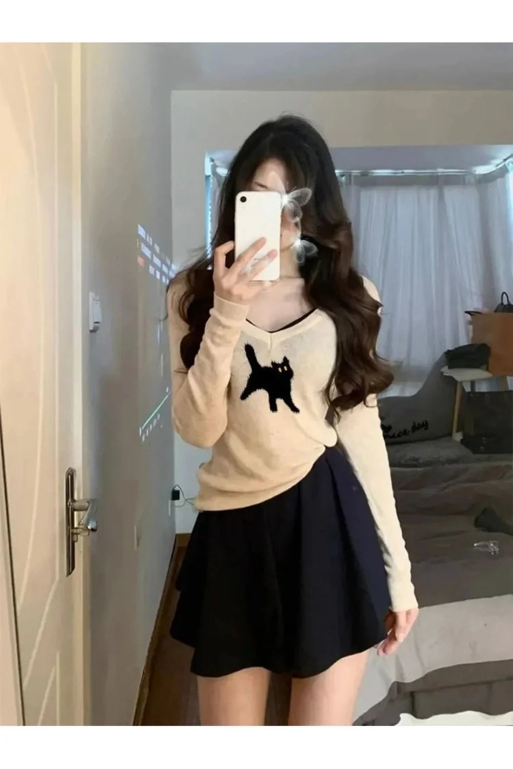 Fall Black Cat V-Neck Sweater