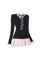 Black Pink Preppy Dress