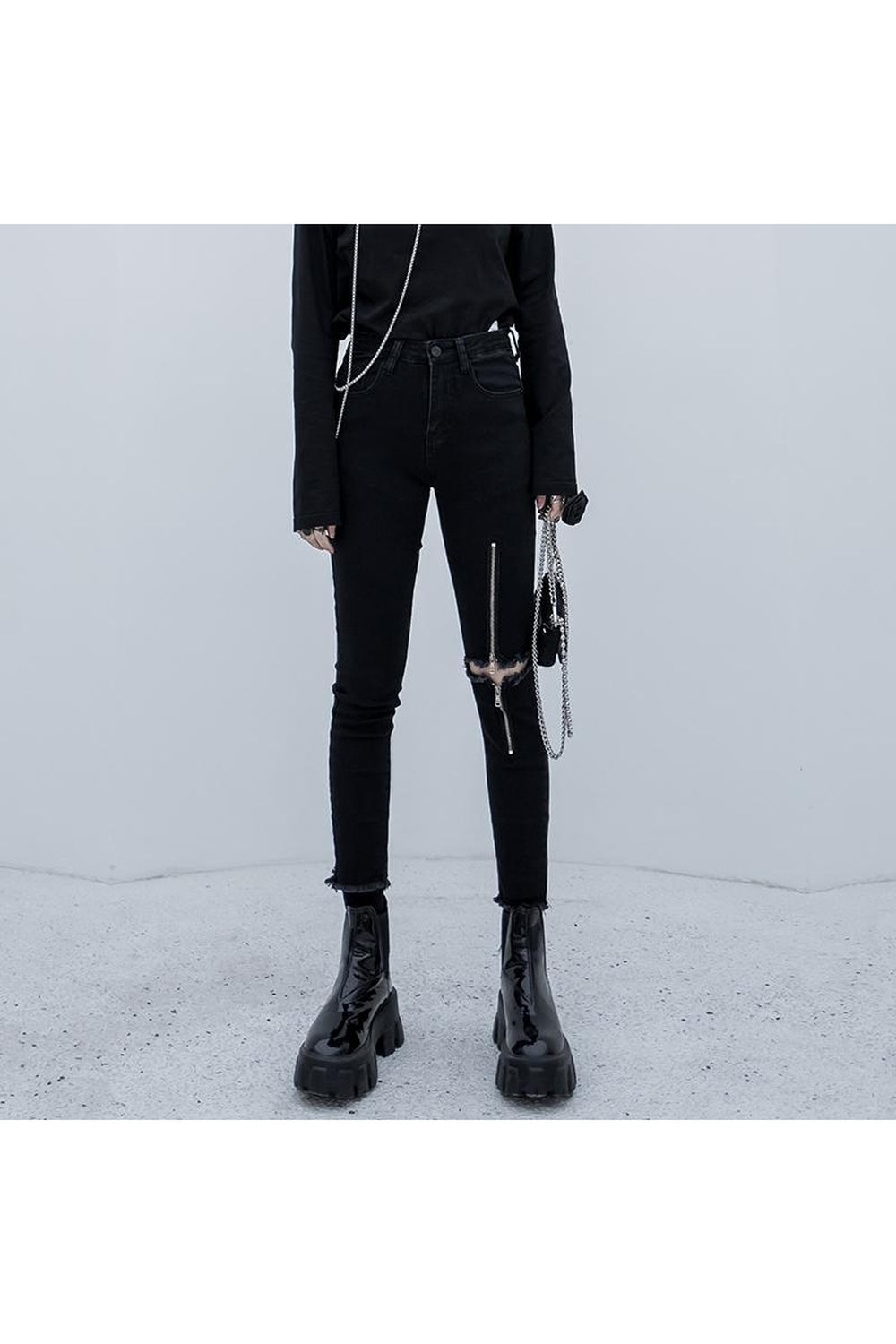 Fall Black Punk Jeans with Zipper