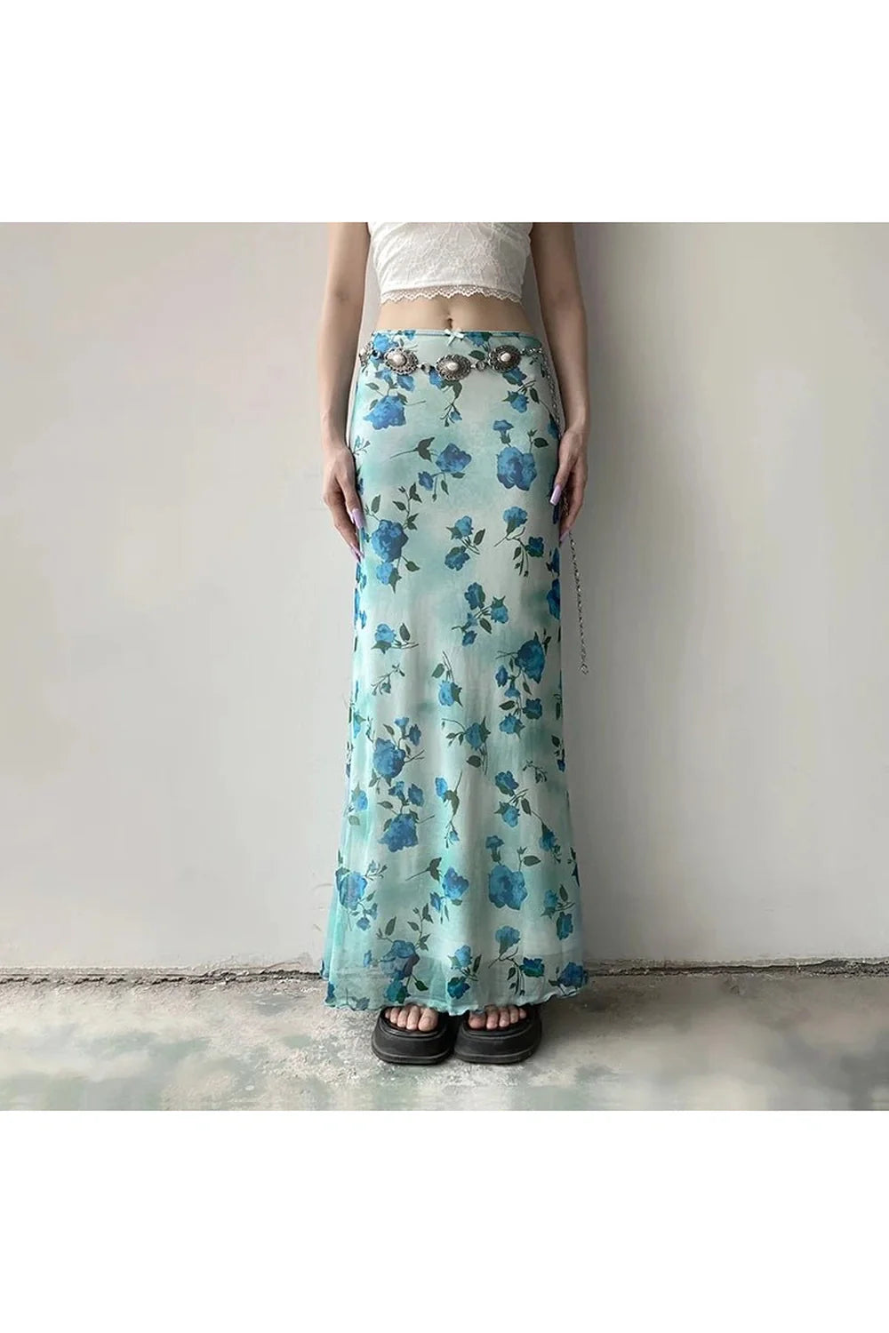 Blue Blossom Mesh Maxi Skirt