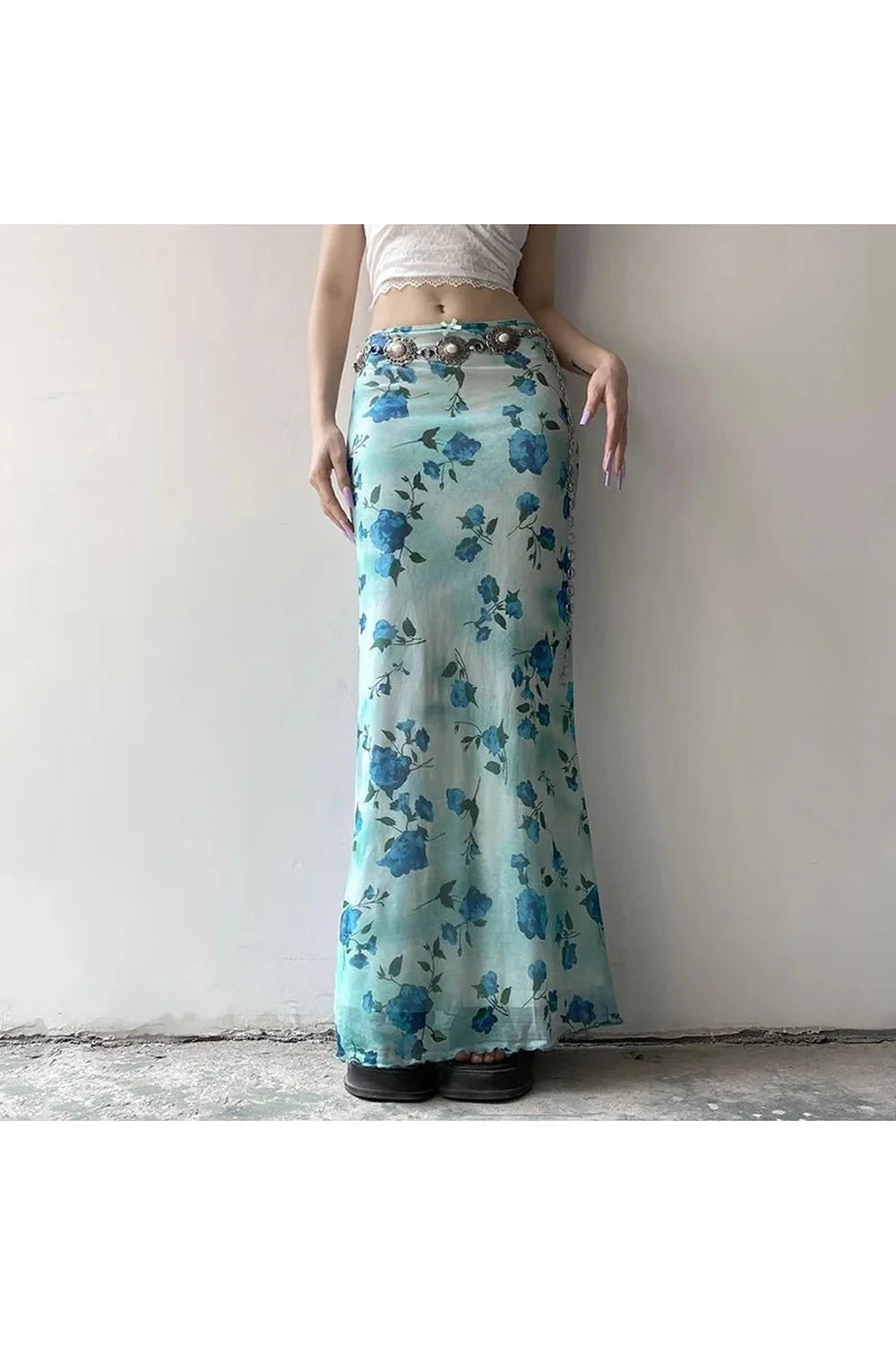 Blue Blossom Mesh Maxi Skirt