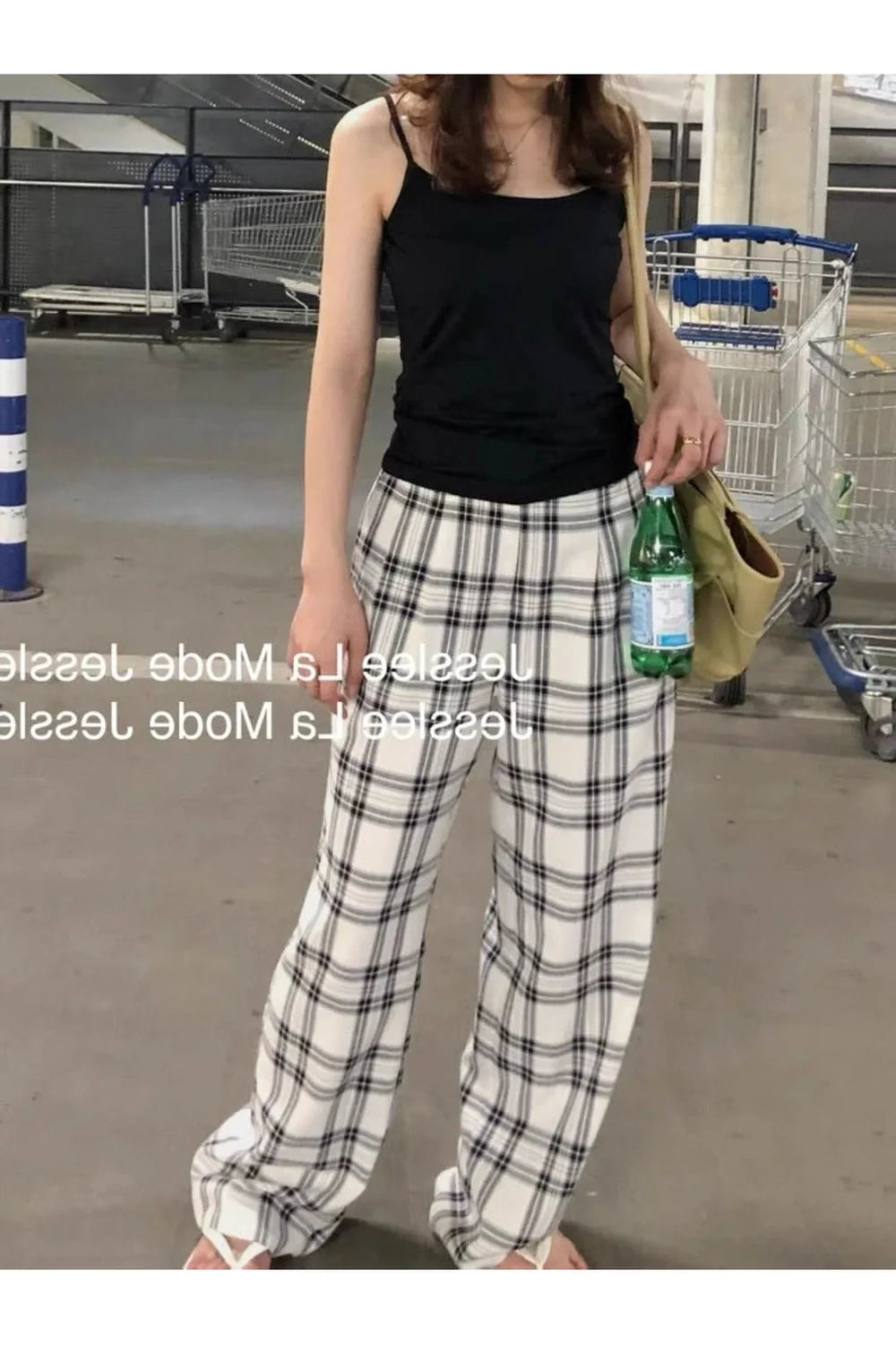 Blue Plaid Wide-Leg Pants