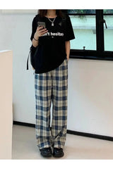 Blue Plaid Wide-Leg Pants